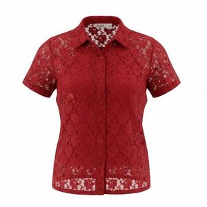 Selene Sport Red Floral Lace Sheer Button Up Short Sleeve Blouse Shirt Medium